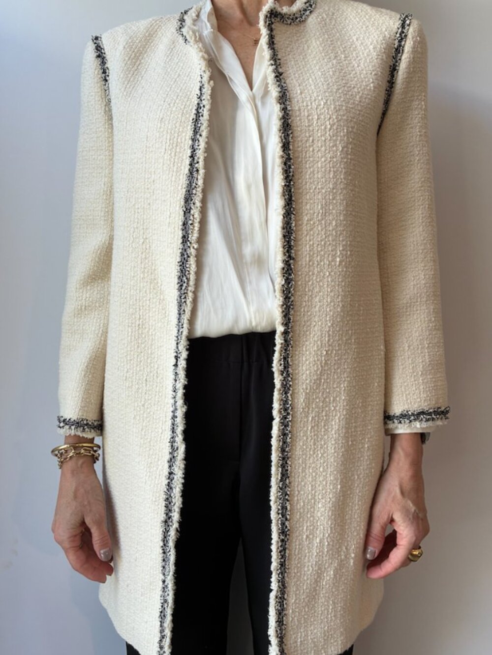Gerard Darel Cream Bouclé Tweed Chanel-Style Long Jacket / French 36